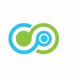 Logo con círculos entrelazados en azul y verde sobre fondo blanco.