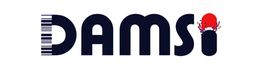 Logo avec le mot "DAMSI", touches de piano à gauche et ballon rouge éclatant à droite.