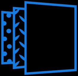 Symbol mit drei blauen, geschichteten Blättern, Muster: Punkte, Zacken, und ein leeres Quadrat.