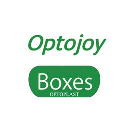 Logotipo de Optojoy Boxes Optoplast en texto verde sobre fondo blanco.
