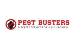 "Pest Busters logo with a crossed-out bug icon and tagline: 'Discreet Service for a Big Problem.'"