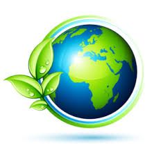 Ilustração do planeta Terra com folhas verdes ao lado, simbolizando sustentabilidade.