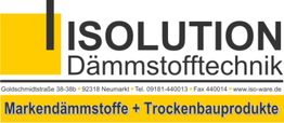 Logo von Isolution Dämmstofftechnik mit gelbem und schwarzem Design, Kontaktinfos unten.