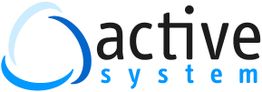 Logo mit blauem, kreisförmigem Symbol und dem Text „active system“.