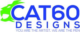 Logo with a green lion, "CAT60 Designs" in blue text, tagline: "You are the artist, we are the pen."