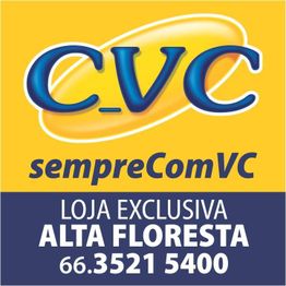 Logotipo da CVC com texto: "Loja Exclusiva Alta Floresta 66.3521 5400". fundo amarelo e azul.