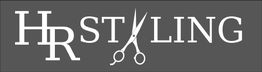 Logo mit Schriftzug "HR Styling" und eine Schere zwischen den Buchstaben S und T, auf grauem Hintergrund.