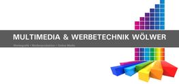 Logo mit Text: "MULTIMEDIA & WERBETECHNIK WÖLWER", bunte Pfeile und Quadrate rechts.