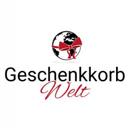Logo mit einer Weltkugel, roter Schleife und dem Text "Geschenkkorb Welt" in Schwarz und Rot.