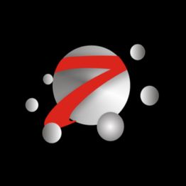 Número sete vermelho sobre bola cinza, cercado por pequenas esferas, em fundo preto.