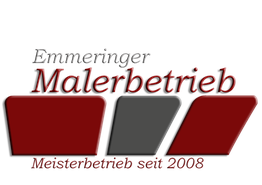Logo mit Schriftzug „Emmeringer Malerbetrieb“ und „Meisterbetrieb seit 2008“, rote und graue Formen.