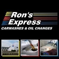 Logo for Ron's Express: Carwashes and oil changes, includes images of a shop, oil, car wash.