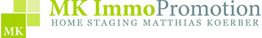 Logo von MK ImmoPromotion mit Text: "Home Staging Matthias Koerber", grün-graue Farbgestaltung.