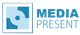 Logo mit blauem Quadrat und Text "Media Present".