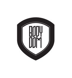 Schwarzes Logo mit weißem Schild und Text "BODY DOM" im Inneren.