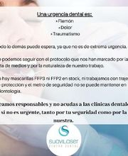 Texto sobre urgencias dentales, medidas y llamado a la responsabilidad. Logo de clínica dental al final.