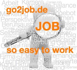 3D-Figur mit Lupe, umgeben von Jobbegriffen. Text: "go2job.de JOB so easy to work" in Orange.