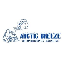 Logo of Arctic Breeze with a polar bear by an igloo and wind cloud.