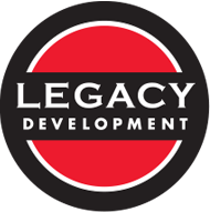 Logo of Legacy Development: White text on a red circle with a black background.