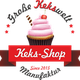 Logo mit rosa Cupcake, Schriftzug "Keks-Shop," rote Schleife, "Große Kekswelt" und "Manufaktur".