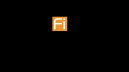 Logotipo naranja "Fi" blanco sobre fondo negro.