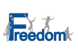 Testo "Freedom" con sagome di persone danzanti e suonanti in grigio. Sfondo bianco.