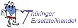 Karikaturfigur zeigt auf den Text "Thüringer Ersatzteilhandel" in blauer Schrift.
