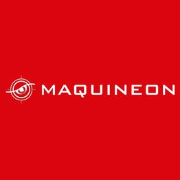 Logo de Maquineon en fondo rojo con un diseño circular blanco a la izquierda del texto.