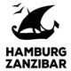 Schwarzes Segelschiff mit zwei Vögeln, darunter der Text: "HAMBURG ZANZIBAR".