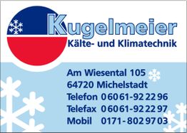 Kugelförmiges Logo, Schneeflocken, Text: "Kugelmeier, Kälte- und Klimatechnik, Michelstadt".