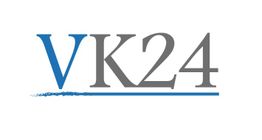 VK24-Logo mit blauen und grauen Buchstaben und unterstrichenem blauen Strich.