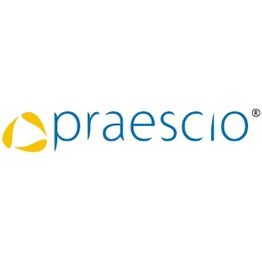 Logo mit blauem Text "praescio" und gelbem Symbol links daneben.