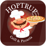 Tegnet kok med pizza og teksten "Hoptrup Grill & Pizzaria".