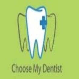 Tooth graphic with a blue cross, text reads "Choose My Dentist" on a green background.