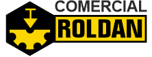 Logo de Comercial Roldán con texto negro y símbolo amarillo de una pieza de rompecabezas.