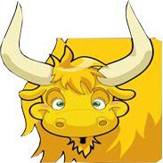 Gelb gezeichneter Stier mit großen Hörnern und grünen Augen schaut direkt nach vorne.