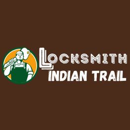 Logo with locksmith holding key, text: "Locksmith Indian Trail" on brown background.