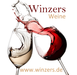 Zwei Weingläser stoßen an, eins mit Rotwein, das andere mit Weißwein, Schriftzug: Winzers Weine.
