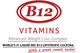 B12 Vitamins logo with red text, promoting energy boost and stress relief benefits.
