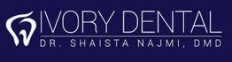 Logo of Ivory Dental with a tooth icon and "Dr. Shaista Najmi, DMD" on a dark blue background.