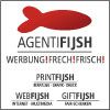 Rotes Fischsymbol mit Text: "Agentifijsh - Werbung! Frech! Frisch!" und weitere Servicebeschreibungen.