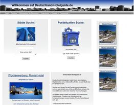 Website mit Hotelsuche nach Städten und Postleitzahlen in Deutschland, inklusive Wochenwerbung.