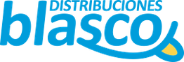 Logotipo de Distribuciones Blasco en azul con un acento amarillo al final de la letra "o".