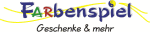 Logo mit dem Text „Farbenspiel Geschenke & mehr“ in bunten Buchstaben und geschwungenen Linien.