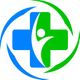 Blue and green medical cross with person icon and swirling lines.
