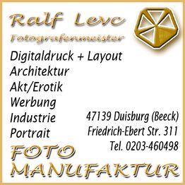 Visitenkarte von Fotograf Ralf Levc, Angebot: Digitaldruck, Architektur bis Erotik, Duisburg.