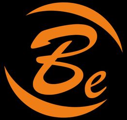 Schwarzer Hintergrund mit orangefarbenem "Be"-Schriftzug, umgeben von geschwungenen Linien.
