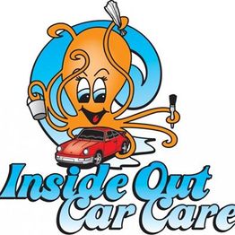 Cartoon octopus with car care tools, a red car, and "Inside Out Car Care" text below.