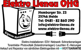 Elektro Lienau OHG Logo mit Kontaktinformation und Leistungen in Elektroinstallation und Reparatur.