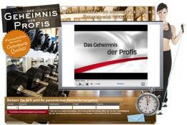 Eine Fitnessanzeige mit Hanteln, einer Frau und Text "Das Geheimnis der Profis".